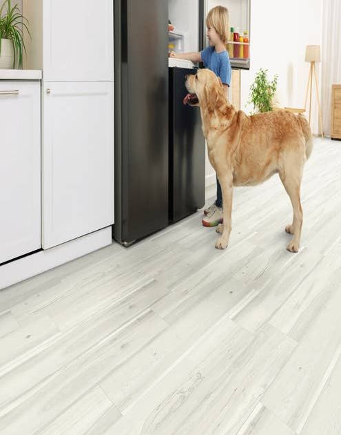 Boy and dog stand in front of refrigerator in coastal-inspired white kitchen