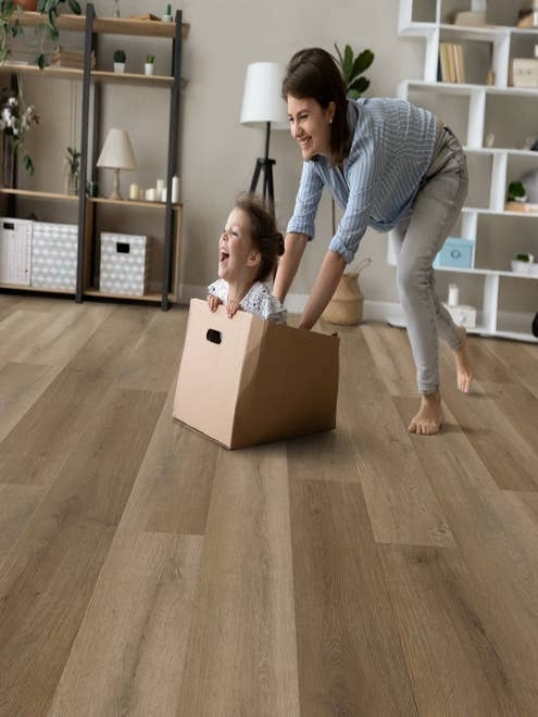 Woman pushes smiling young girl across brown woodgrain floor in a cardboard box, in front of several open-framed shelves filled with various home paraphernalia