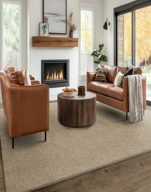 Modern living room with two leather couches and a coffee table before a white brick fireplace