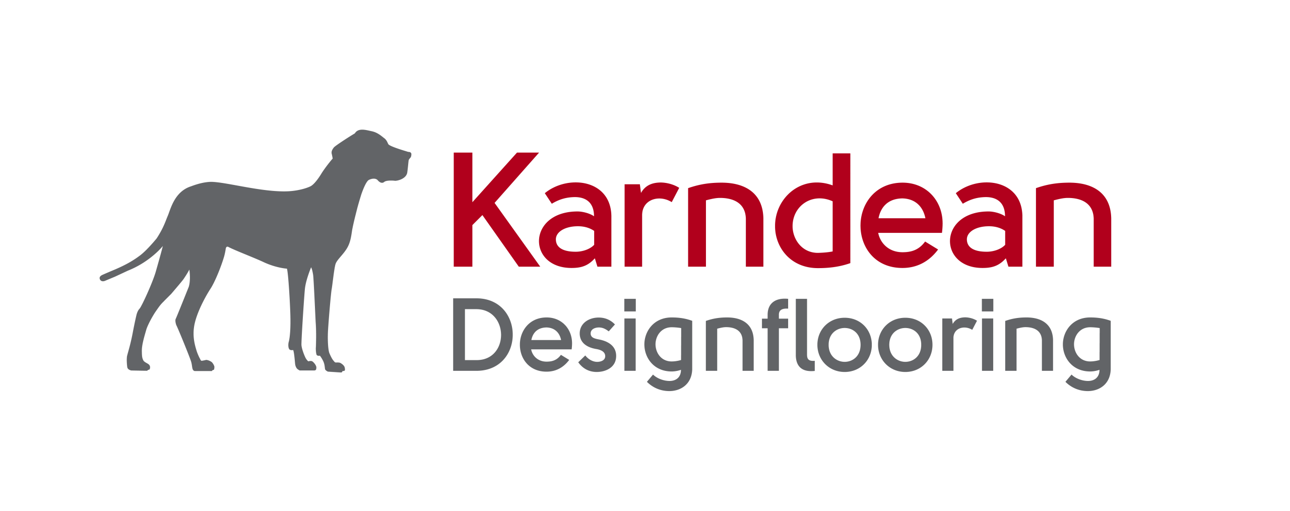 Karndean Design Flooring Logo. Karndean in red letters design flooring one word in grey letters with a grey dog on a clear background