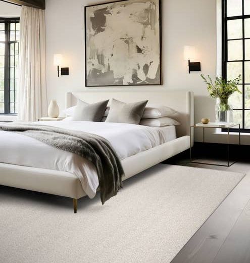 Modern bedroom scene with bed, moder artwork, dark wood floors, and a light gray textured area rug