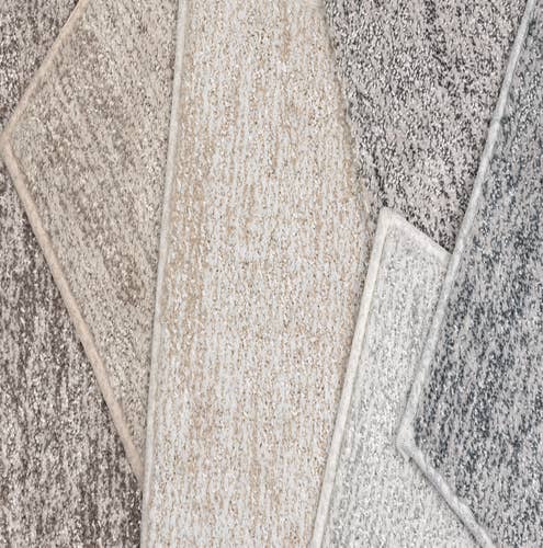 Assorted tan, gray, and cream bound carpets with abstract patterns