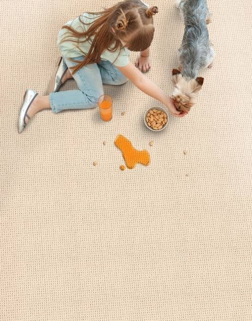 Young girl handfeeds dog from bowl next to spilled drink on a linear textured cream carpet