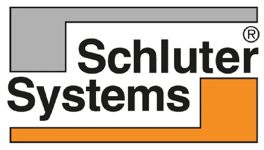 Schluter ® Systems logo in black letters with a grey box above and an orange box underneath on a clear background