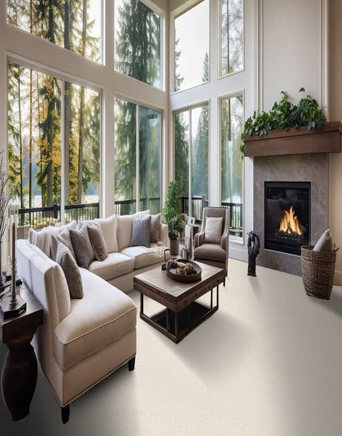 Spacious traditional living room with couch, coffee table, and fireplace set against floor to ceiling windows overlooking lakeside