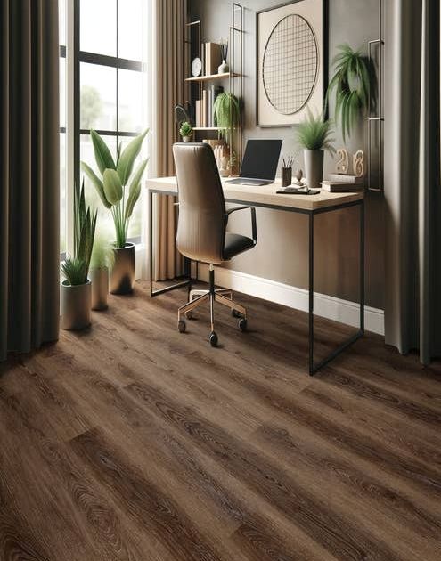 Organic, moody home office scene with rich, dark brown Hartford Espresso Bean LVP