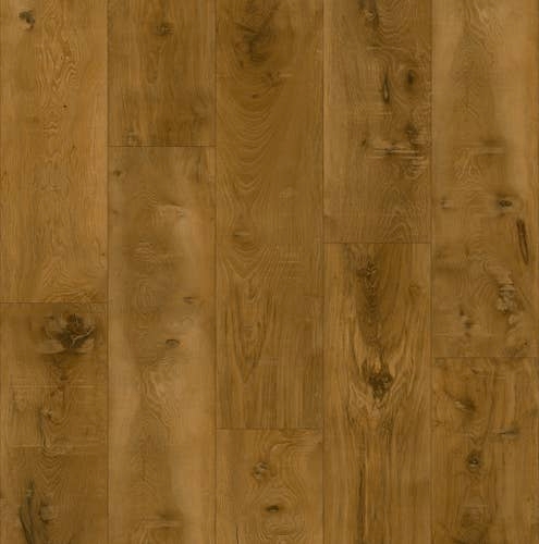 Hawthorne Butterscotch sample, a wide-plank LVP with tan and gold color variations and defined knots