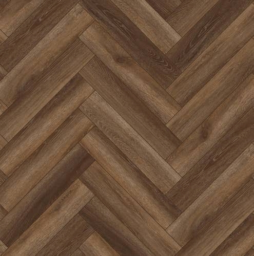 Sample of Lenox Peak Rosewood, a herringbone design with varying light and dark brown tones
