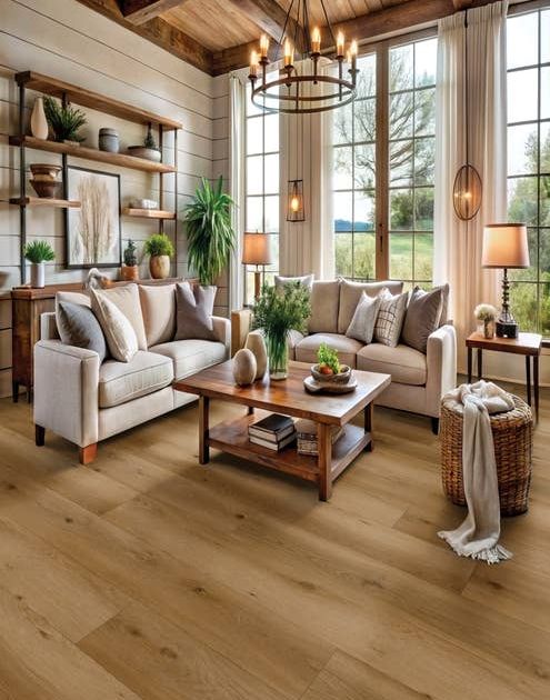 Cozy contemporary living room with cream shiplap walls, warm tan woodgrain floor, wooden shelves, chandelier, and large windows facing countryside