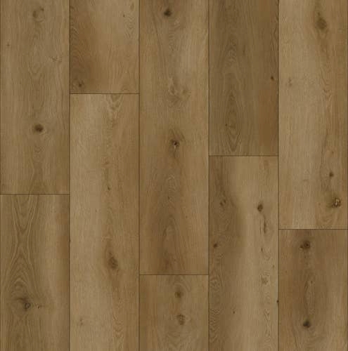 Park City Harvest Oak luxury vinyl plank sample, with oversized planks, tan color variation, and knot detailing