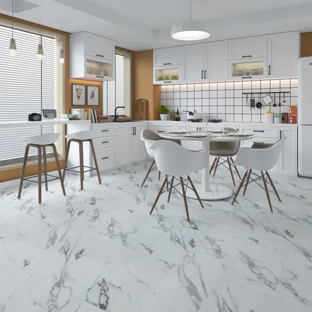 Retro-inspired kitchen with vintage fridge, white cabinetry, breakfast nook, and table over white and gray stone-look tile