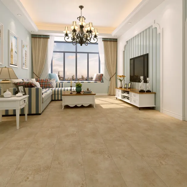 Parisian coastal cottage style living room with large chandelier, couch, coffee table, and television, by large window, with sandy beige luxury vinyl tile floor