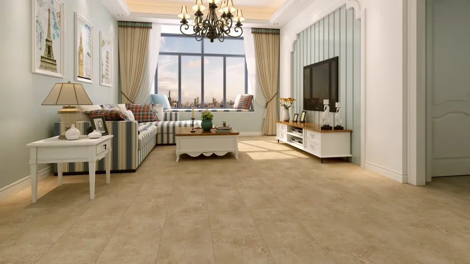 Parisian coastal cottage style living room with large chandelier, couch, coffee table, and television, by large window, with sandy beige luxury vinyl tile floor