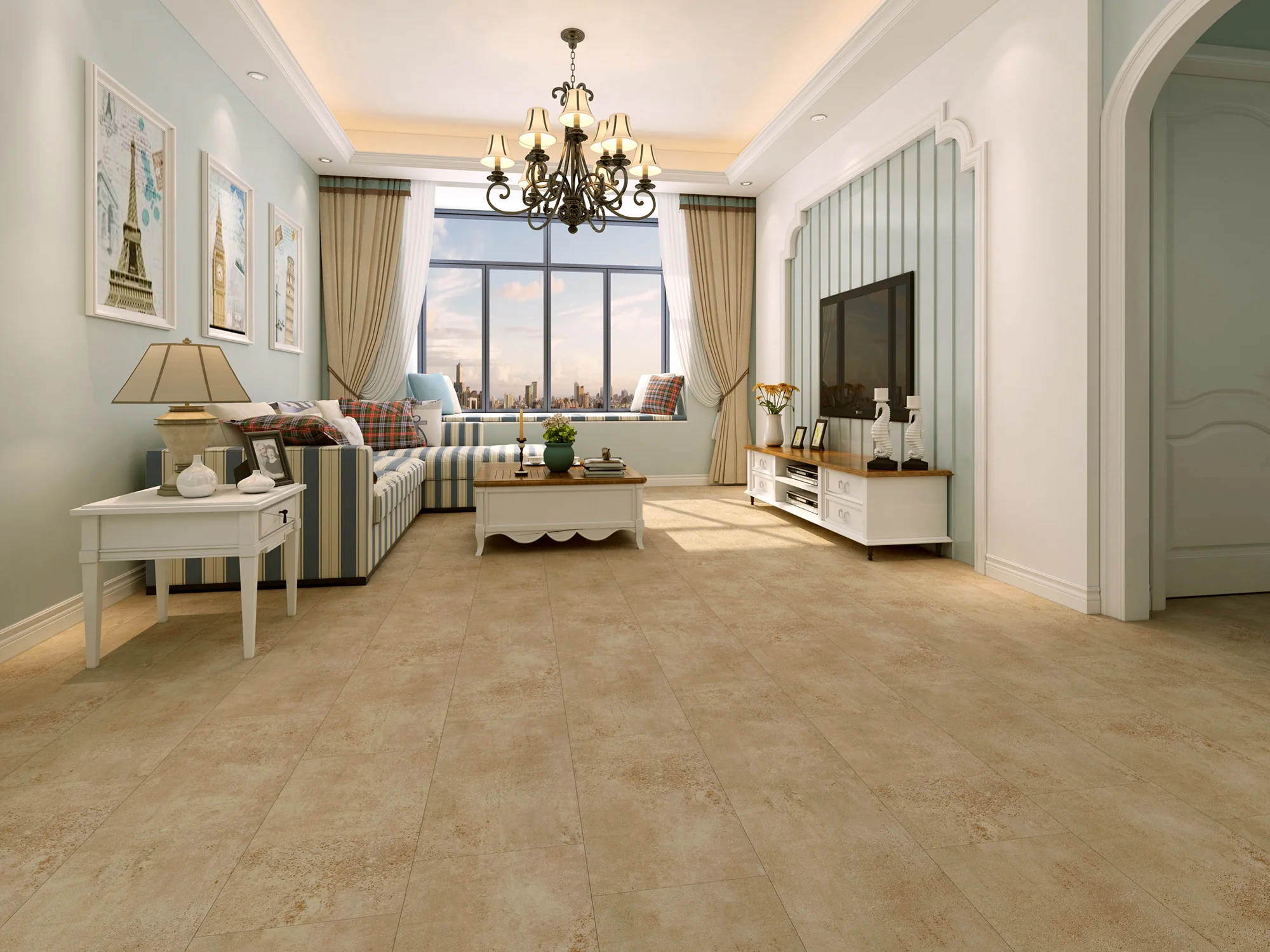 Parisian coastal cottage style living room with large chandelier, couch, coffee table, and television, by large window, with sandy beige luxury vinyl tile floor