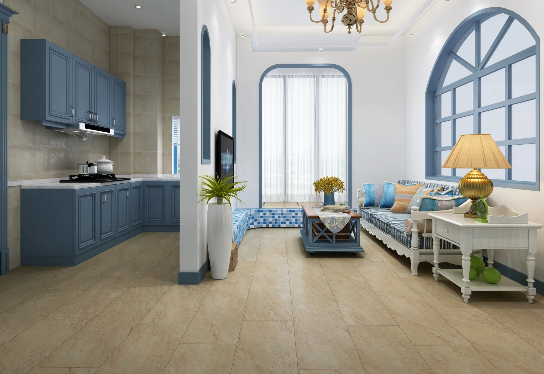 Coastal-cottage inspired apartment with blue kitchen separated from living room area, with blue mosaic tile accents, large chandelier, and cream stone luxury vinyl tile floor