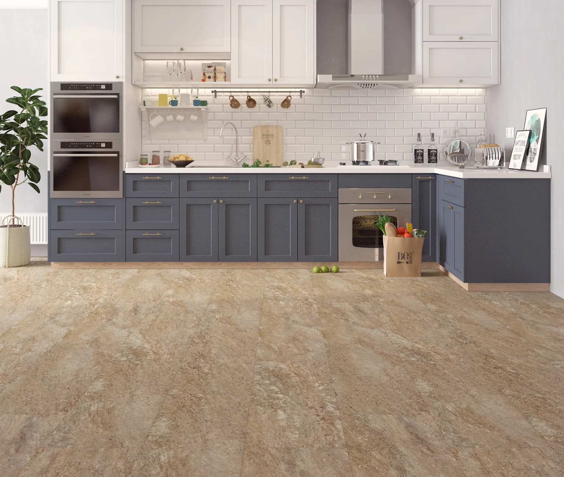 Blue and white kitchen with bag of groceries on beige, gray, and cream speckled stone luxury vinyl tile