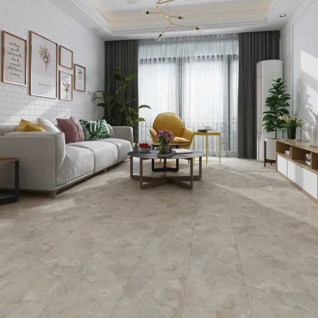 Living room scene with exposed white brick, couch, coffee table, and credenza, with large window and beige and gray stone tile