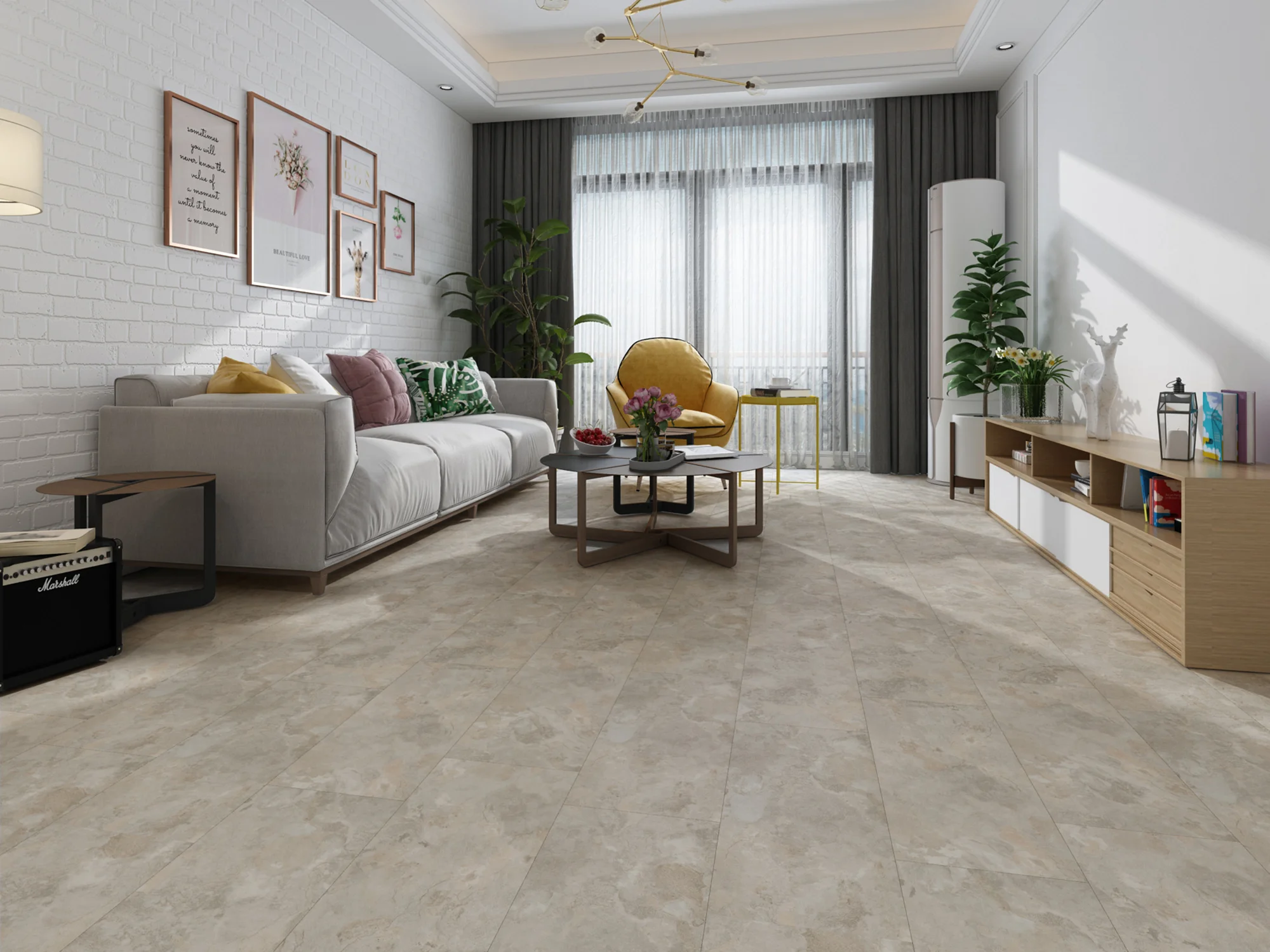 Living room scene with exposed white brick, couch, coffee table, and credenza, with large window and beige and gray stone tile