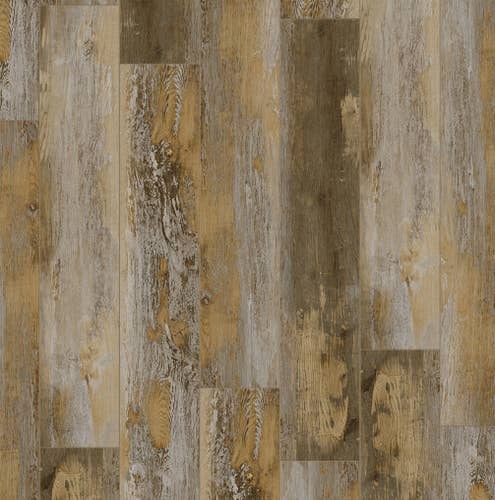 Rockwood Vintage Harvest luxury vinyl plank sample, a weathered and distressed plank with golds, grays, and browns
