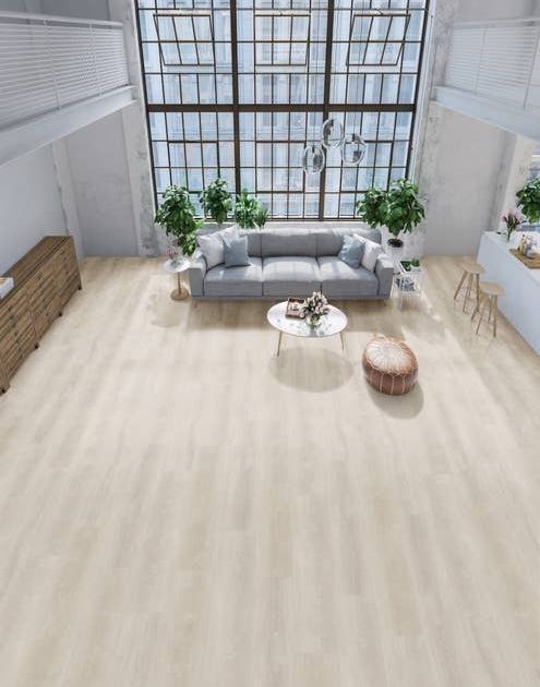 Open concept studio apartment with windows spanning entire wall behind modern gray sofa, coffee table, and houseplants, with view of kitchen island and upstairs hallway