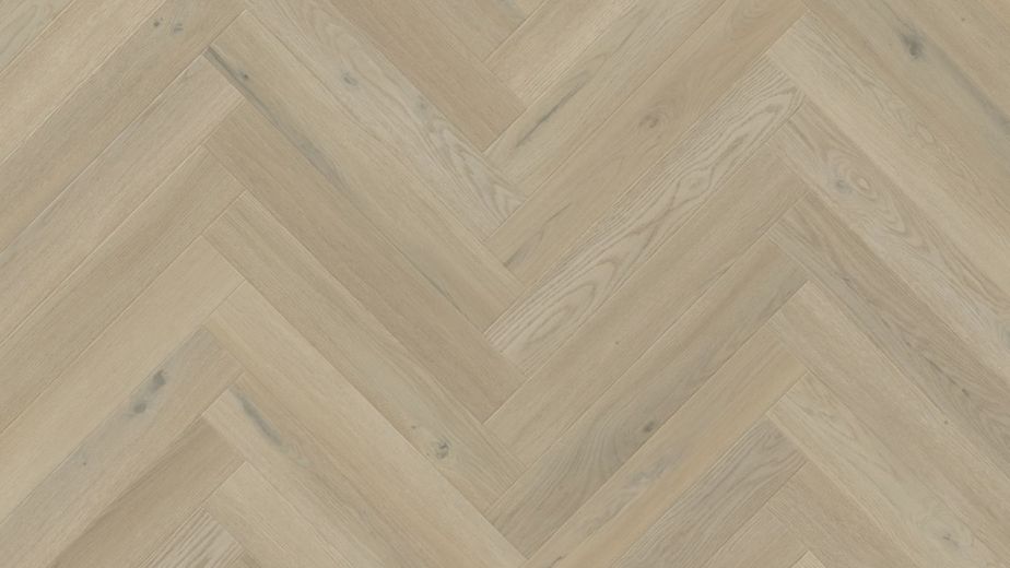 Sample of Basque Oak, a taupe/beige woodgrain floor in a herringbone design, with woodgrains and texture