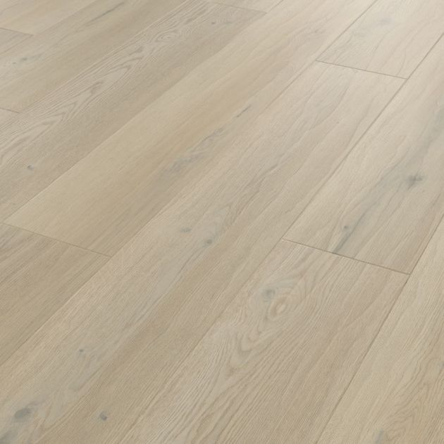 Sample of Basque Oak luxury vinyl plank, a beige/taupe plank with realistic woodgrain and texture