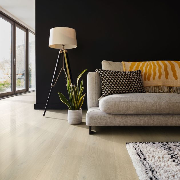 Living room with black wall, light beige/taupe woodgrain floor, gray mid-century sofa, potted plant, and floor lamp