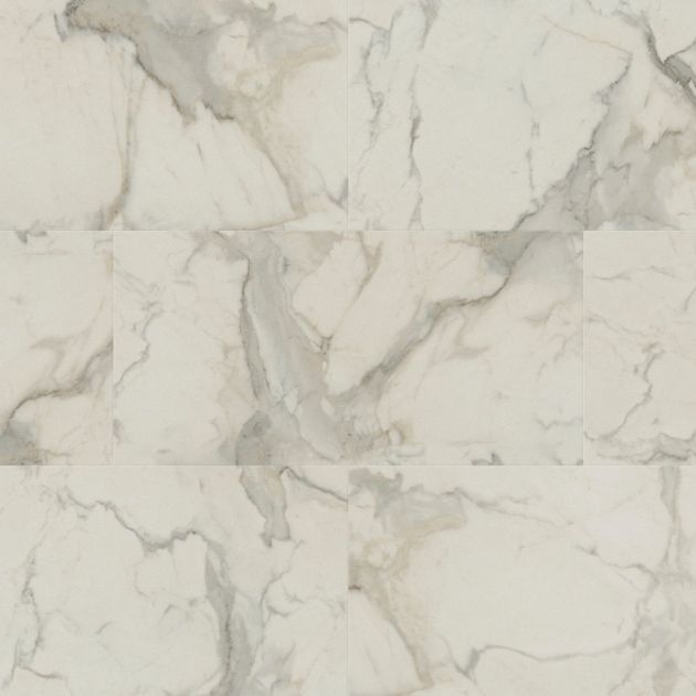 Sample of Calacatta d'Oro, a white luxury vinyl tile with gray veining to replicate marble tile