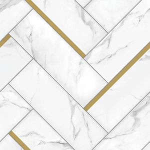 Sample of Monoco Calacatta, a white marble-look luxury vinyl sheet product with a herringbone design with gold accents