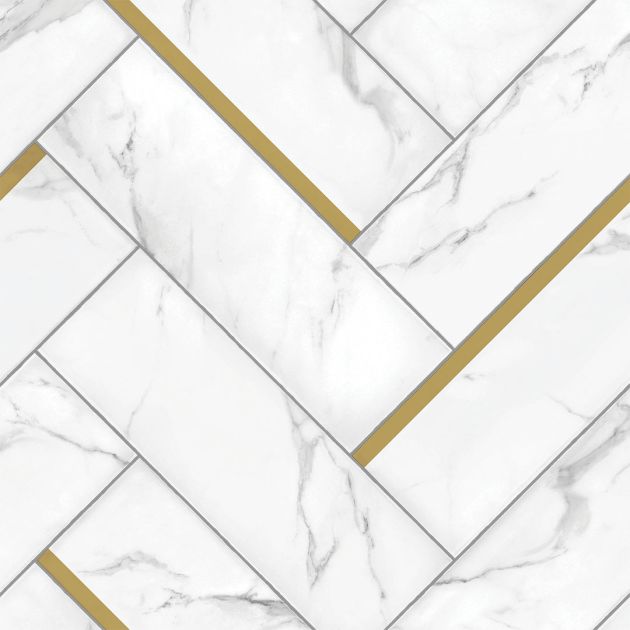 Sample of Monoco Calacatta, a white marble-look luxury vinyl sheet product with a herringbone design with gold accents