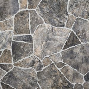 Earthbound Fossil sheet vinyl sample, showing rustic gray and brown stones with white grout between