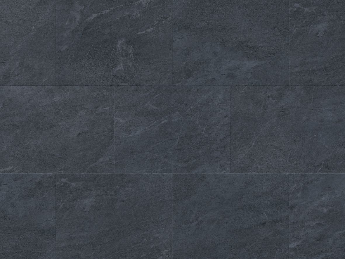 Sample of Lago Quartzite, a charcoal and blue-green rectangular luxury vinyl tile with subtle veining