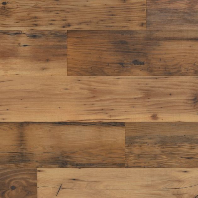 Sample of Reclaimed Chestnut luxury vinyl plank, a brown, rustic woodgrain pattern with knots, cracks, and nail holes