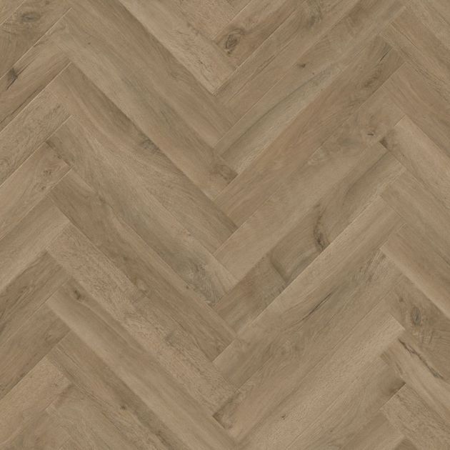 Salon Oak LVP sample, showing narrow muted brown oak planks installed in herringbone design