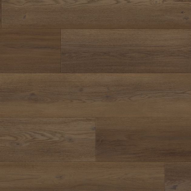 Sample of Serrano Oak LVP, a warm, medium brown woodgrain pattern with knots and subtle scraped and brushed texture