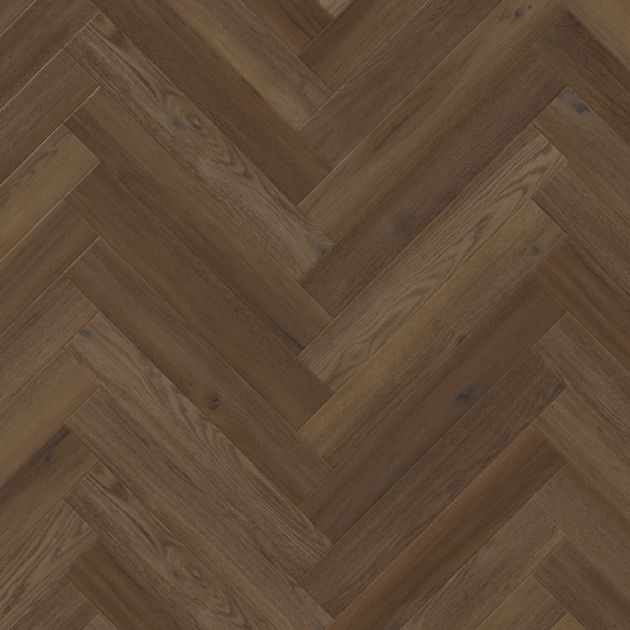 Sample of Serrano Oak LVP, a narrow-plank medium brown woodgrain design arranged in a herringbone layout