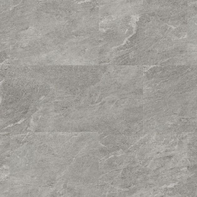 Sterling Quartzite LVT sample showing mid-gray tones with fissures and veins