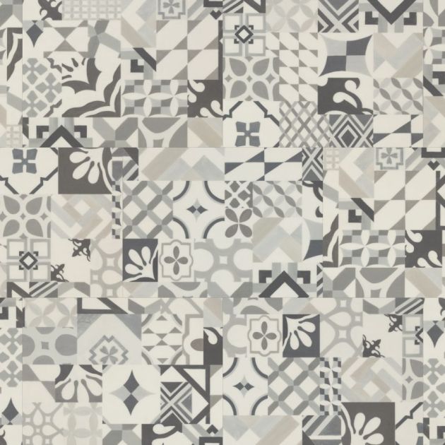 Sample of LVT Casablanca, a patchwork pattern composed of various geometric and architectural curves in gray tones