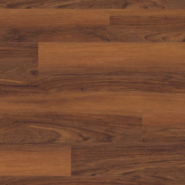 Sample of click-together LVP Merbau, highlighting rich varying reddish-brown tones, woodgrain detailing, and knots