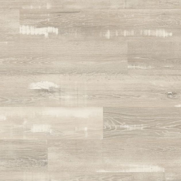 Sample of rigid core LVP Silver Farmhouse Oak, a gray woodgrain design with white patches, woodgrain texture, and knots