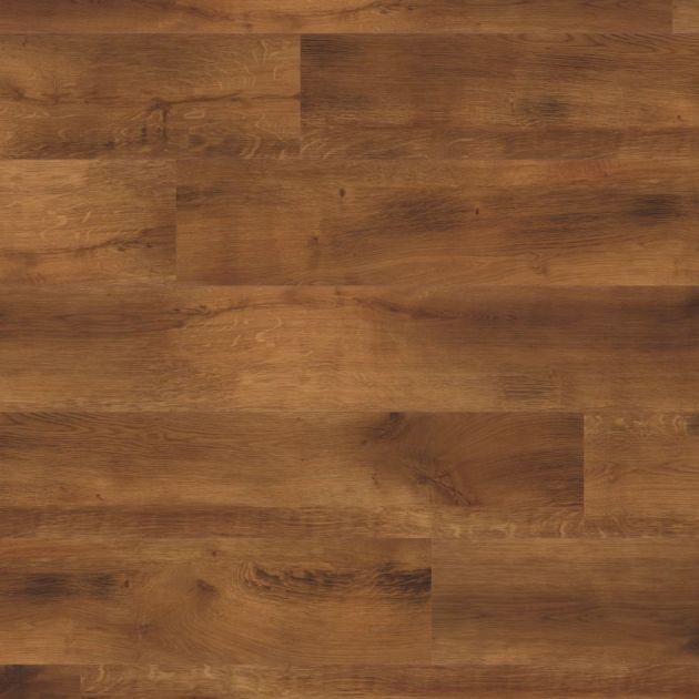 Sample of rigid core LVP Smoked Oak, a golden brown woodgrain design with smokey tones, woodgrain texture, and grain details