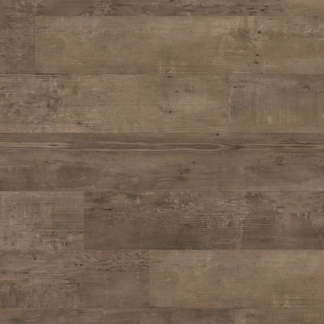 Smoked School Cedar rigid core LVP sample featuring cool mid brown tones, knots, and woodgrain texture to mimic reclaimed wood