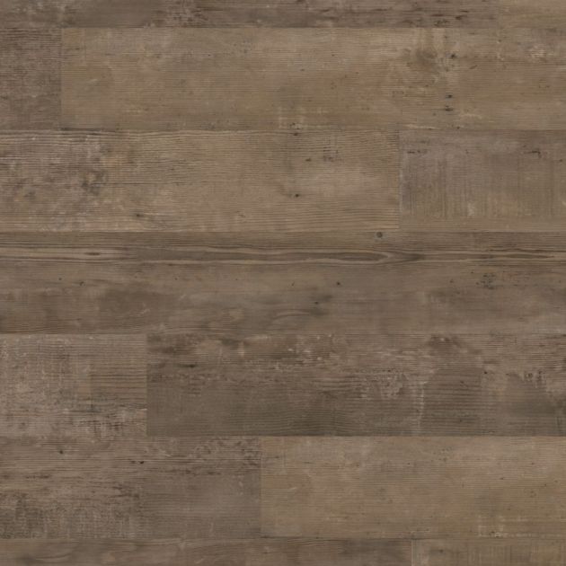 Sample of gluedown LVP Smoked School Cedar mimicking medium brown tones, knots, and texture of reclaimed wood