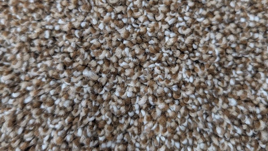Close up of Lakepoint 908 carpet sample showing twisted fibers in various brown tones