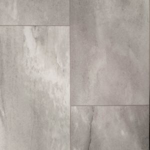 Sample of luxury sheet vinyl Roca Bone, a gray and taupe tinged stone design with off-white veining