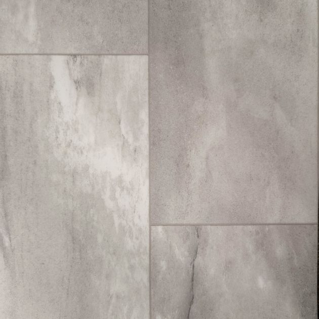 Sample of luxury sheet vinyl Roca Bone, a gray and taupe tinged stone design with off-white veining