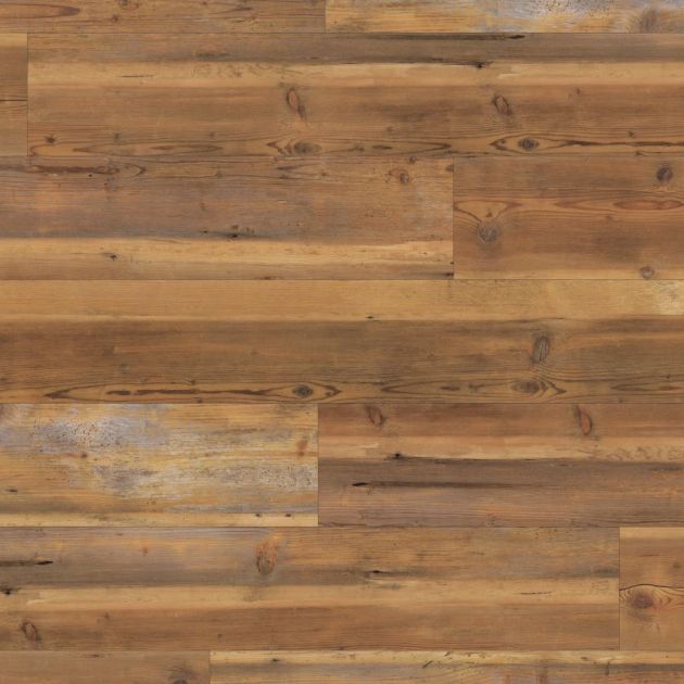Sample of rigid core luxury vinyl plank Vintage Pine, showing rustic notes including brown and gray tones, weathered woodgrain texture, and knots