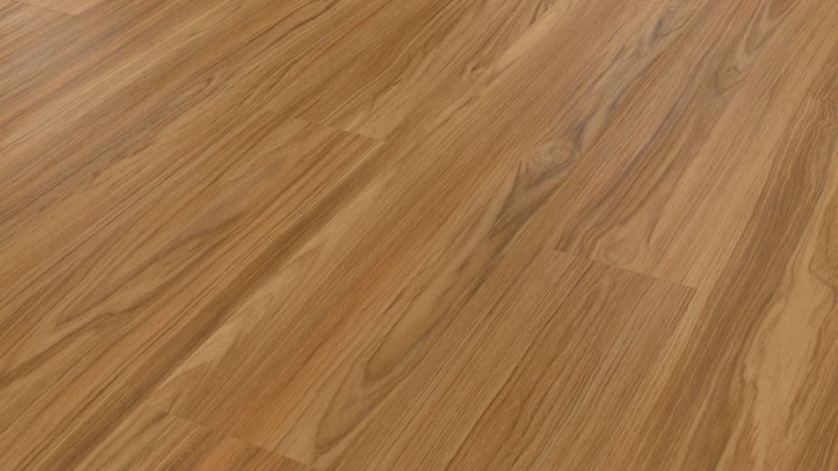 Bronze Teak LVP flooring sample shown at angle, highlighting golden brown woodgrain tones and patterns