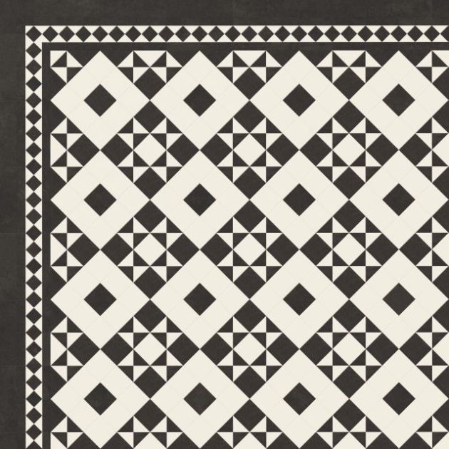Clifton sample, a black and white star and square Victorian tile with a black design border