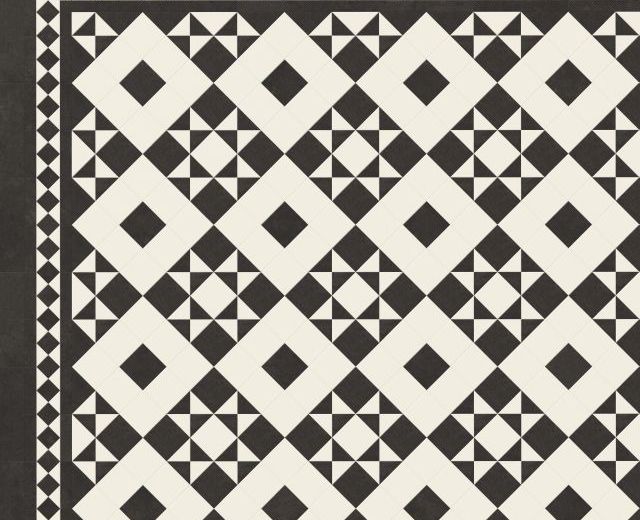 Clifton sample, a black and white star and square Victorian tile with a black design border